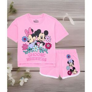 Minnie/Mickey Mouse Girls Pink Floral Tee and Shorts‎ Outfit Set, 2 Pc 14/16 New